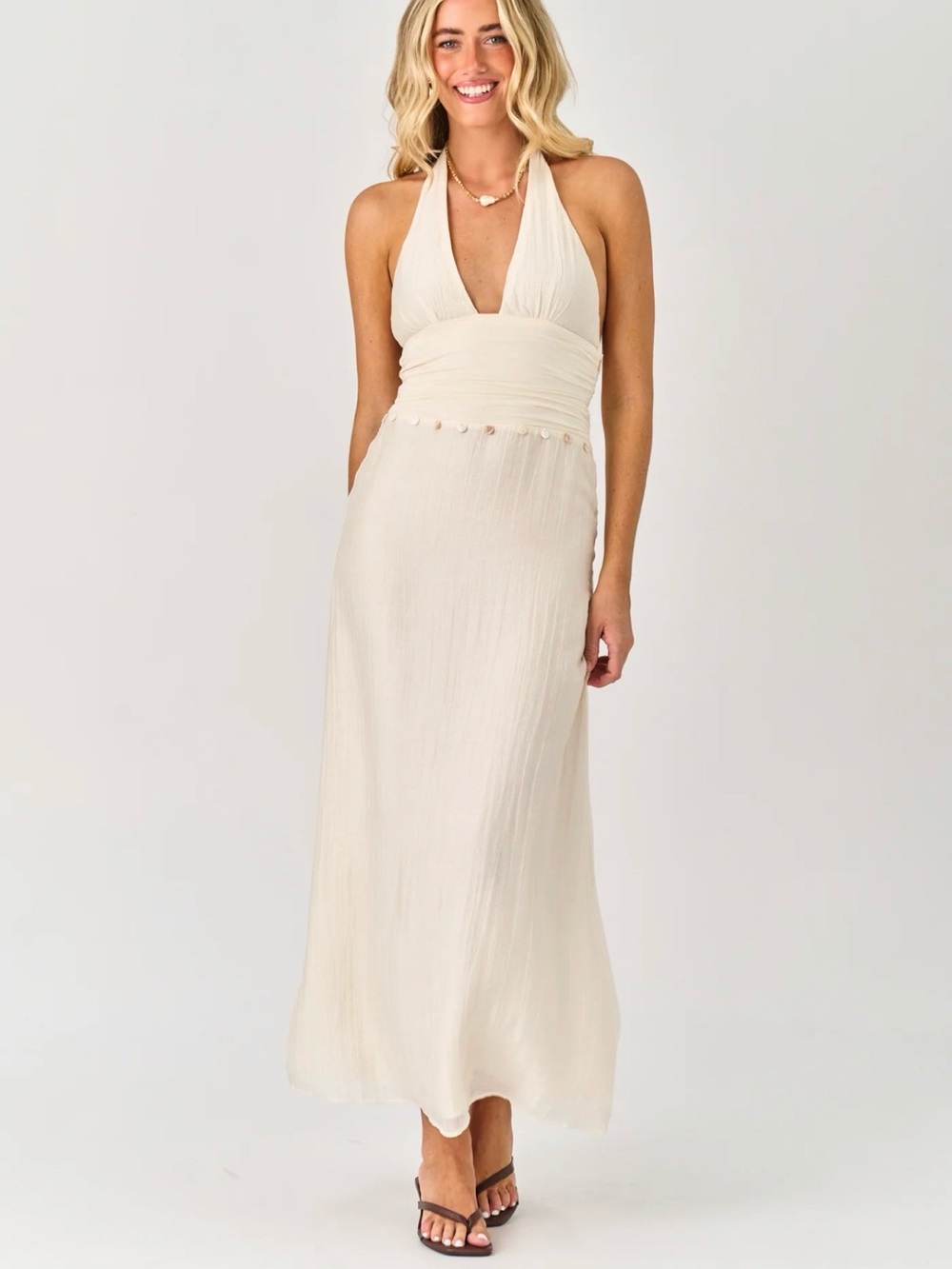 Cream Halter Maxi Dress with Smocked Waist